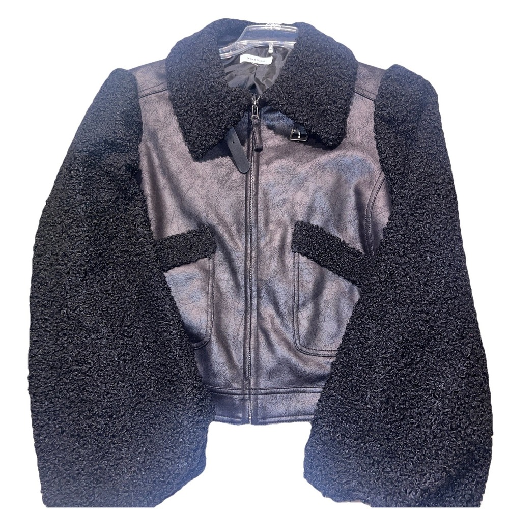 MAX STUDIO Faux Leather Teddy Moto Jacket With Puff Sleeves Size Medium READ
